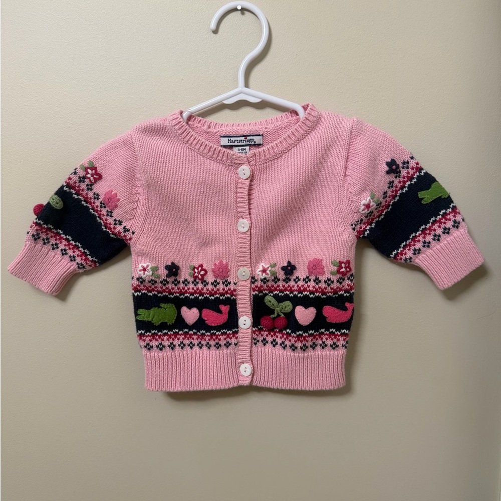 Vintage Hartstrings Pink Knit Baby Cardigan • 3–6M